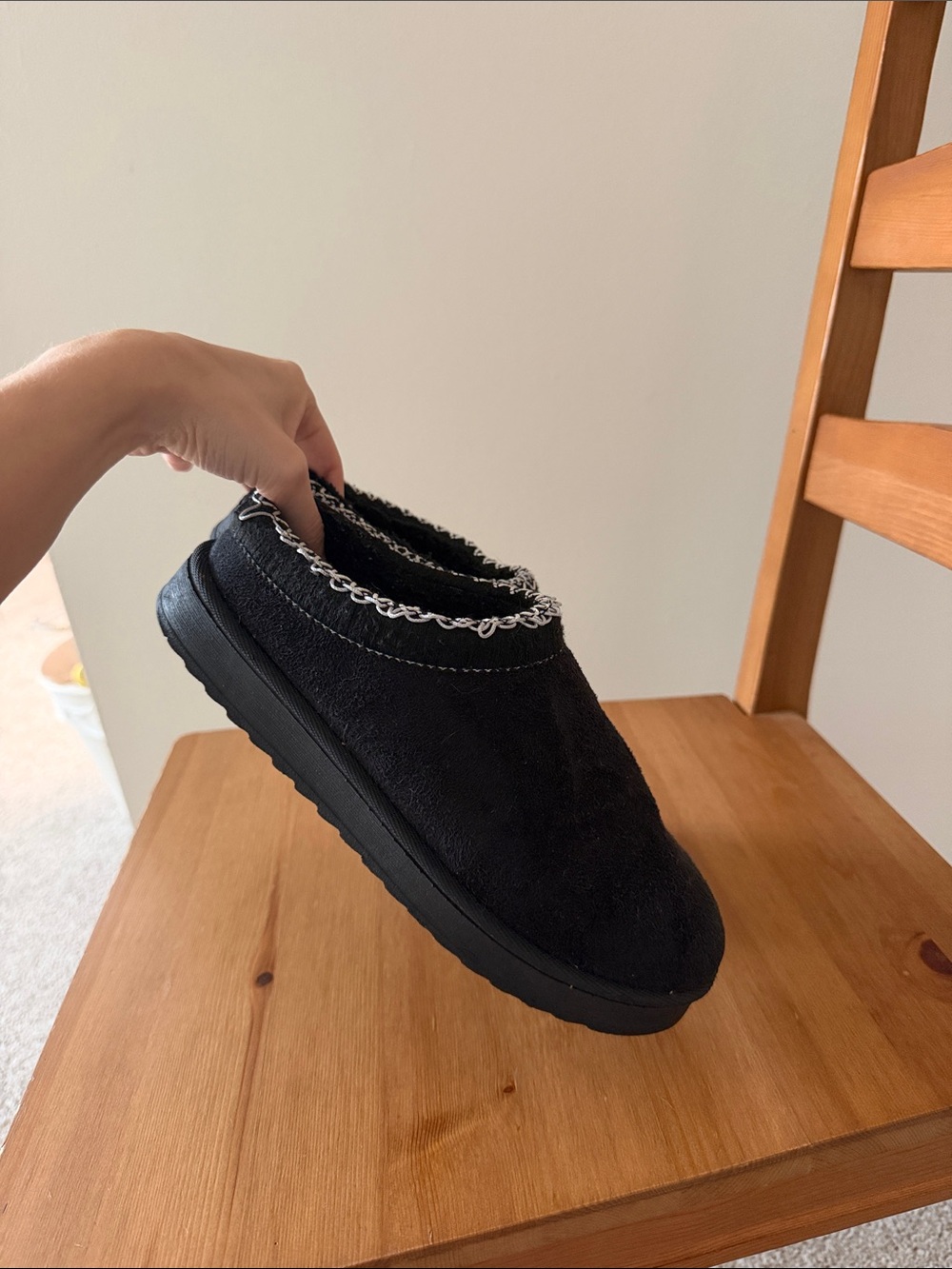 Black Faux Suede Slip-On Women's Shoe with Chain Trim